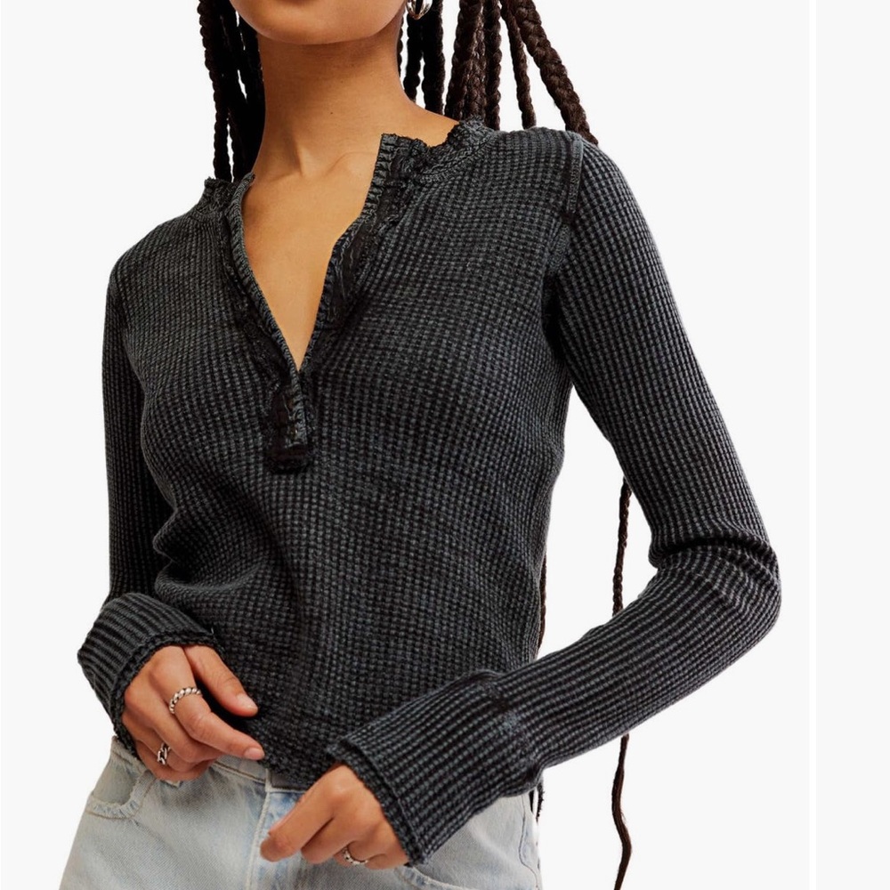 Free People Colt Long Sleeve Waffle Knit Henley - BROWN